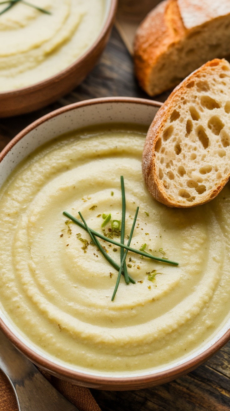 A bowl of creamy potato leek soup garnished with chives, served with crusty bread on a rustic table.